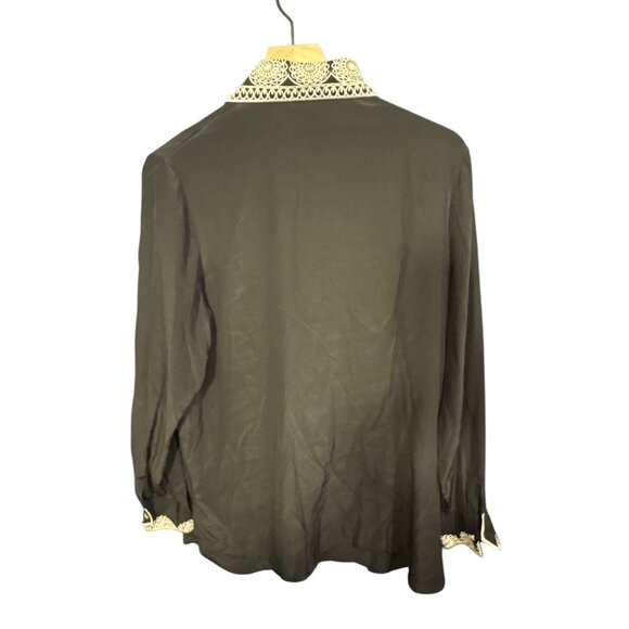 Bob Mackie M Silk Wearable Art Black Button-Up Shirt With White Embroidery Detai - Picture 5 of 5